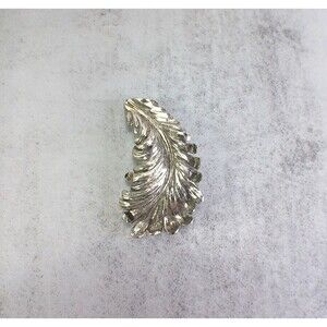 Vintage Leaf Feather Plume Brooch Lapel Pin Curved Metal Silver Tone 2" READ